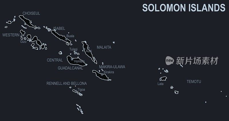 所罗门群岛的平面地图，黑色背景上有城市和地区