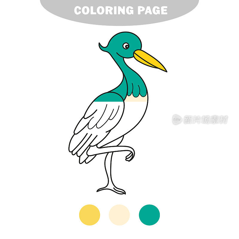 简单的着色页面。可爱的卡通色彩的鸟插图。鹳,苍鹭
