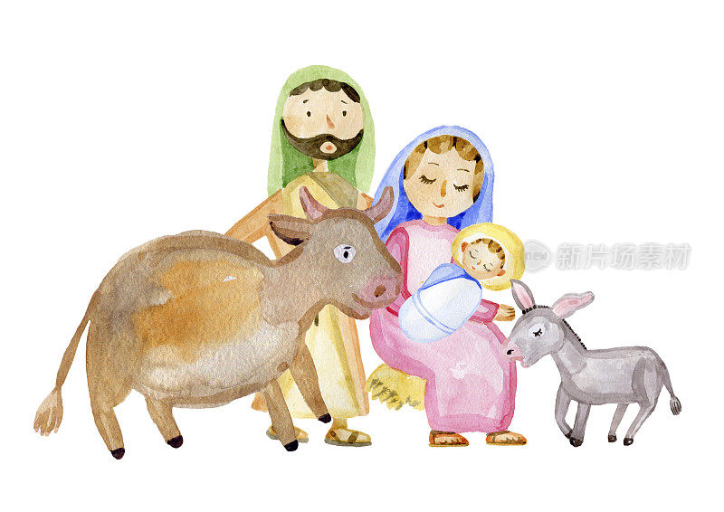 圣母玛利亚，耶稣基督，约瑟夫，羊，动物。水彩手绘插图在柔和的颜色。圣诞贺卡