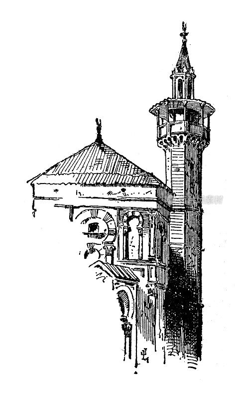 古色古香的插图:尖塔(突尼斯清真寺)