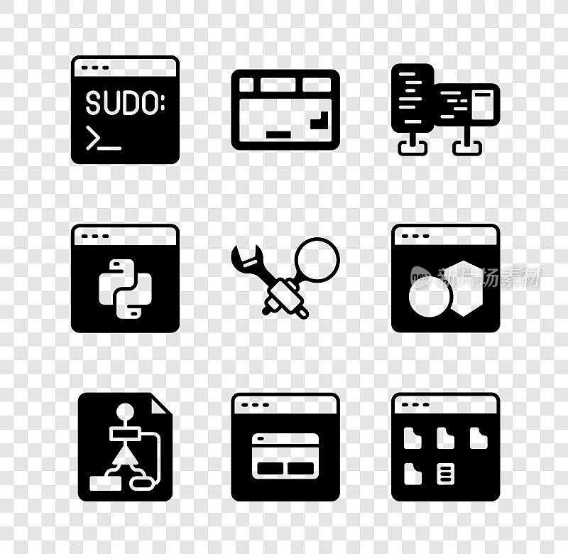 设置代码终端、键盘、计算机显示器屏幕、流程图、搜索引擎、浏览器文件、Python编程语言和调试图标。向量