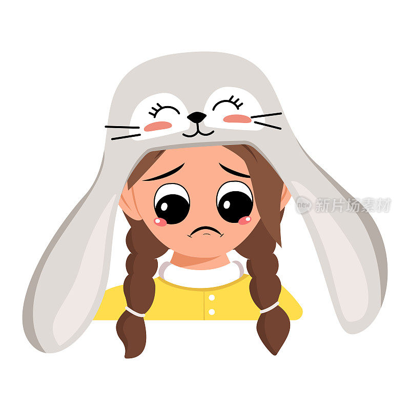 阿凡达的女孩有着大大的眼睛和悲伤的情绪，沮丧的脸，向下的眼睛在可爱的兔子帽子和长耳朵