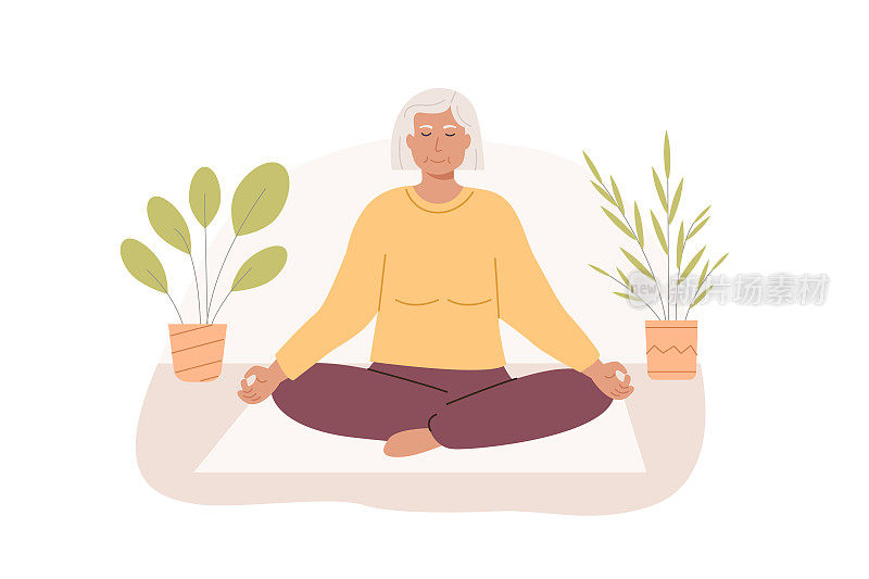 现代老年女性盘腿闭眼在家冥想。老年妇女盘腿坐练习瑜伽。冥想，腹式呼吸精神练习。向量。