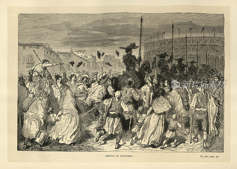 斗牛士的到来，斗牛，欢呼的人群，西班牙19世纪