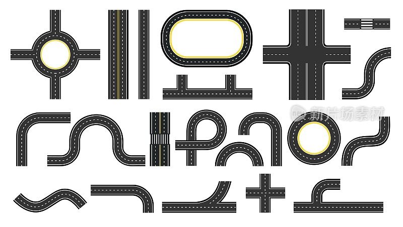 城市道路和高速公路俯视图，地图元素。十字路口、高速公路弯道、弯道和交通圈。街道道路规划工具包向量集