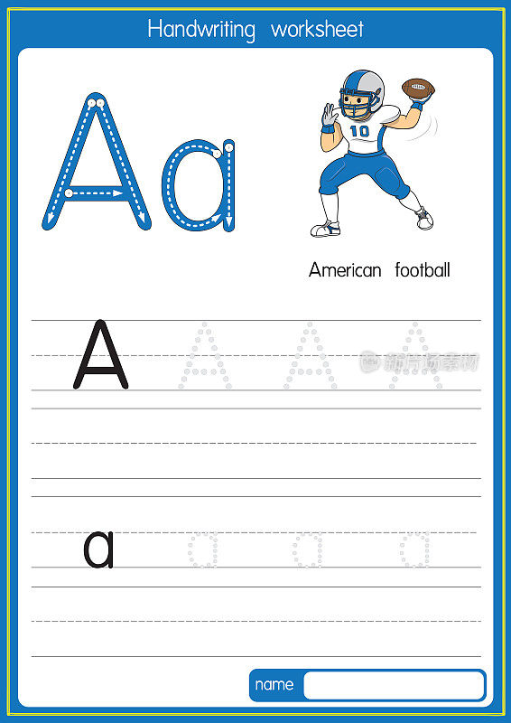 向量插图美式足球与字母字母A大写字母或大写字母为儿童学习练习ABC