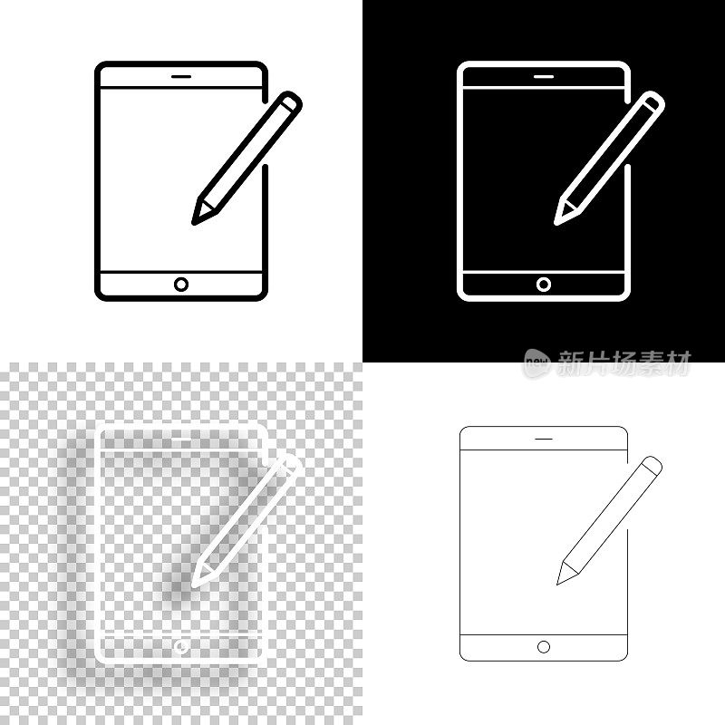 带笔的平板电脑。图标设计。空白，白色和黑色背景-线图标