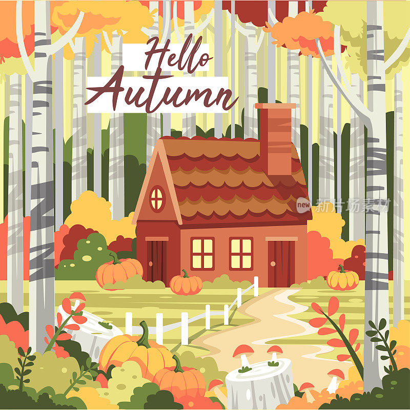秋天的森林景观。季节性的乡村风景舒适的小屋