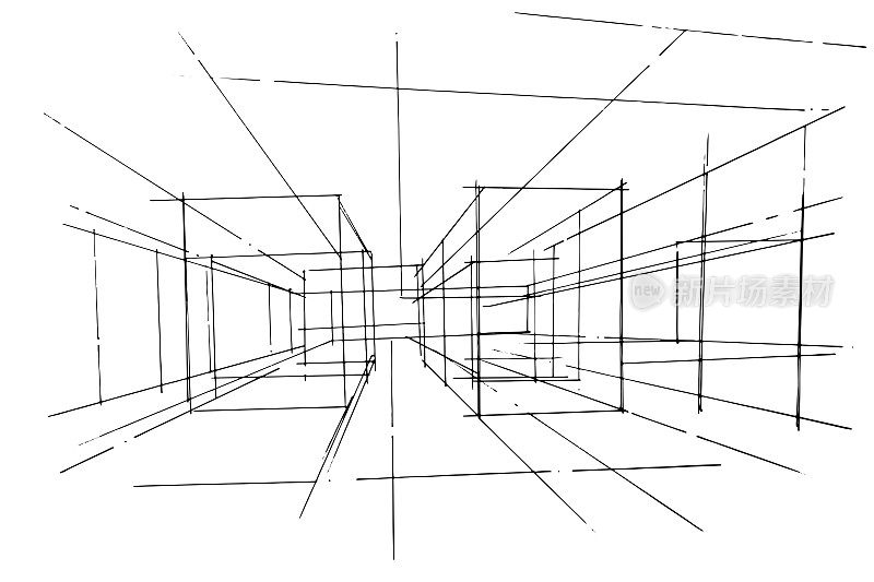 透视结构线条草图，大厅结构，现代设计，矢量，二维插图