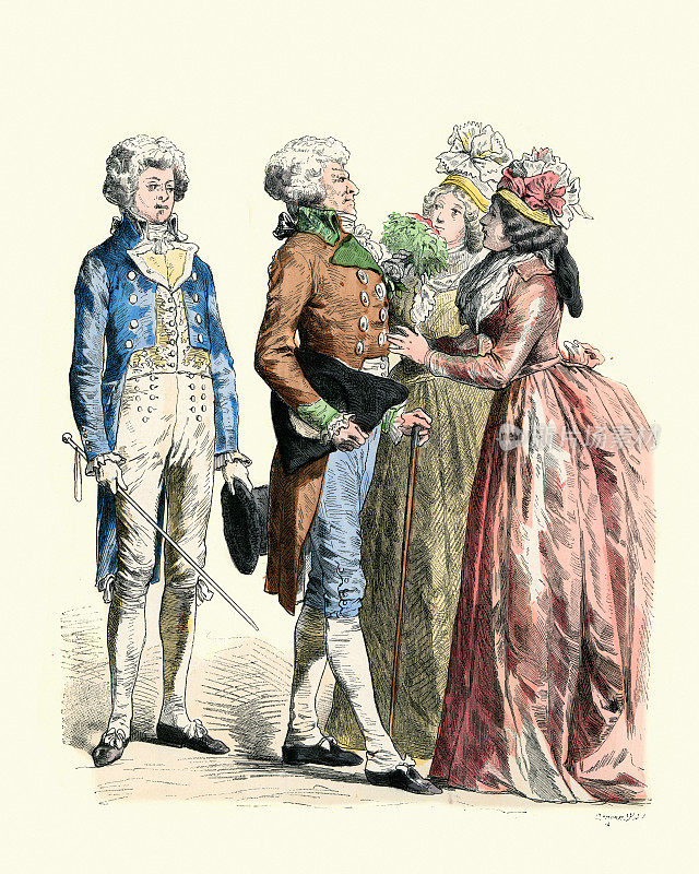 法国的传统服饰，18世纪后期的男人和女人，时装历史