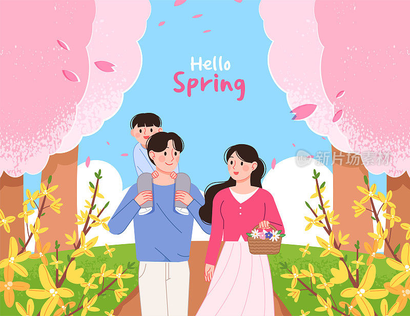 你好,春天!幸福的一家人漫步在樱花和连翘盛开的公园里。