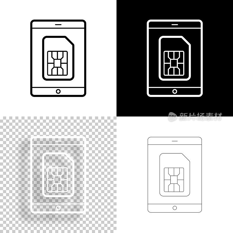 带SIM卡的平板电脑。图标设计。空白，白色和黑色背景-线图标