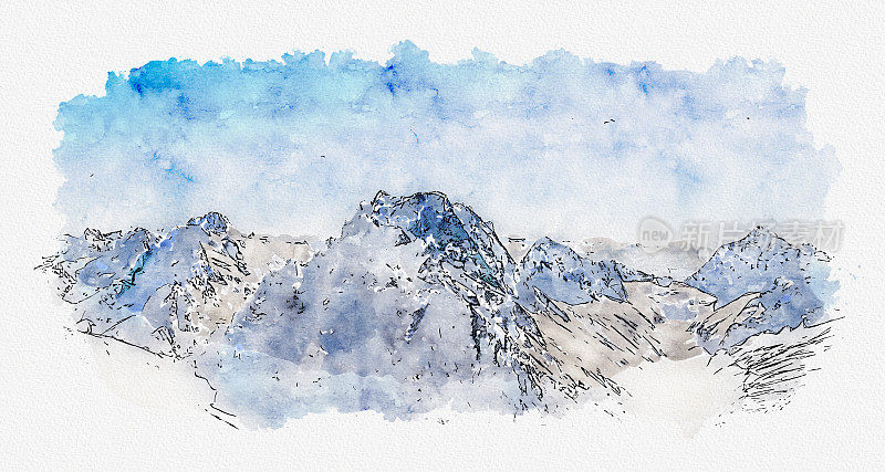 一幅水彩画，画的是白雪覆盖的高山