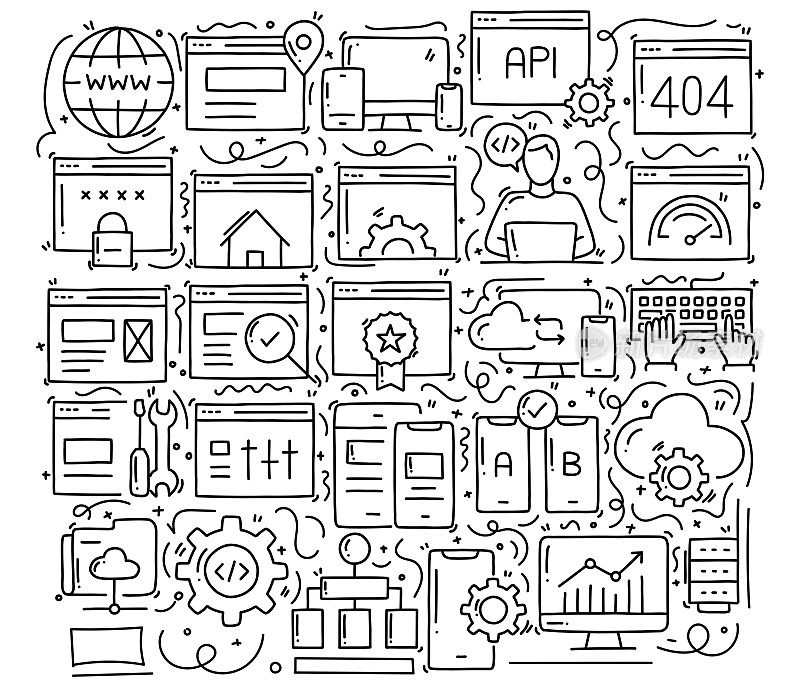 Web开发相关的对象和元素。手绘矢量涂鸦插图集合。手绘图案设计