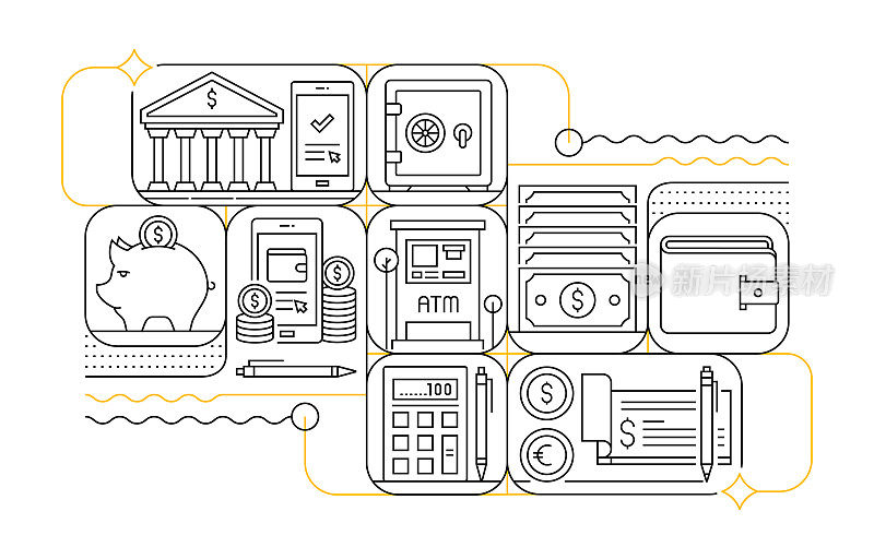 银行和金融线图标设置和横幅设计