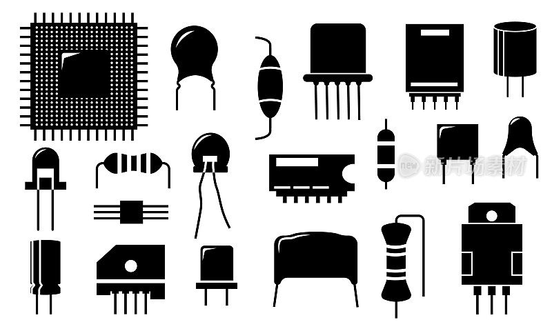 黑色的电子元件图标。电路导体和半导体元件，二极管晶体管电阻电容元件。向量组