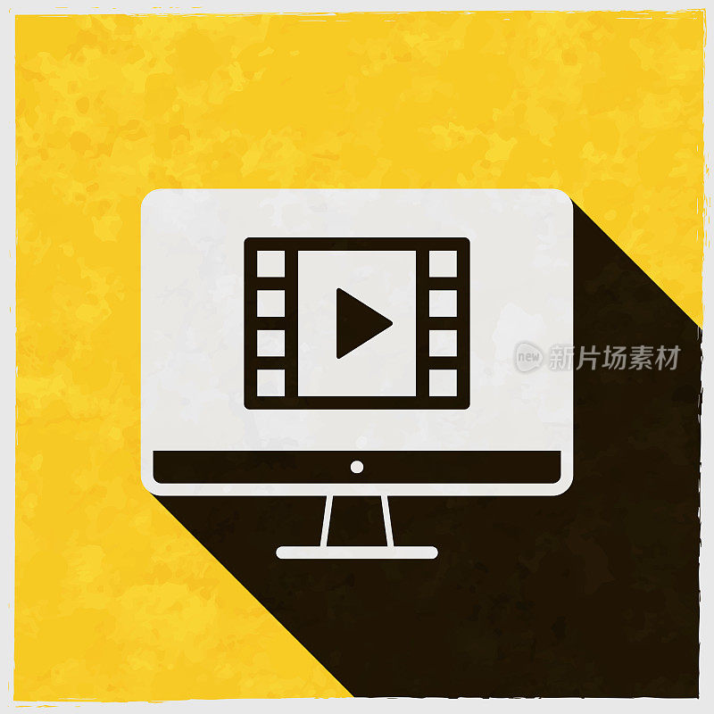 在台式电脑上观看视频。图标与长阴影的纹理黄色背景