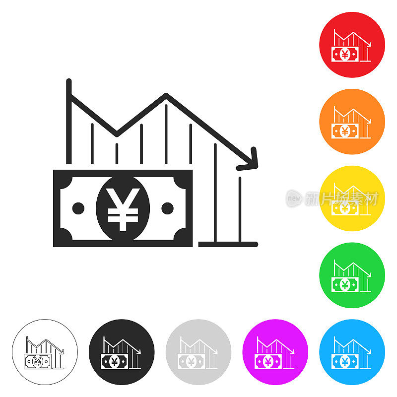 与日元纸币呈现下降趋势。彩色按钮上的图标