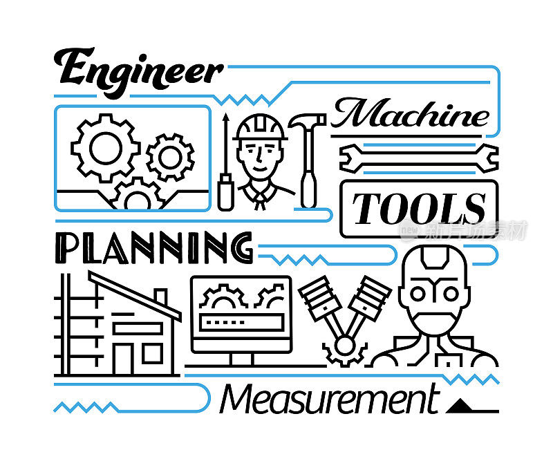 工程对象和要素。线条图标插图集合。图标设置或标题模板。