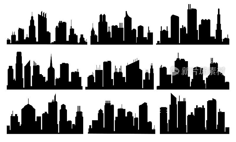 矢量城市剪影集合。现代城市景观。有窗户的高楼。白色背景插图
