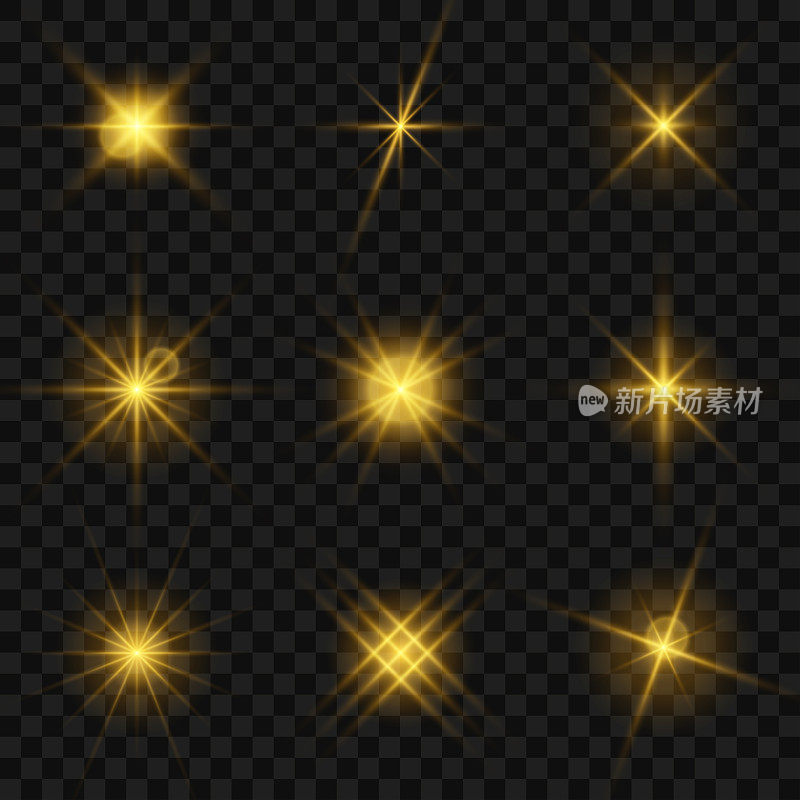发光的星光效果集合。闪烁的星星和明亮的闪光的光效果。金色的闪光和发光的粒子。金色的闪烁孤立在透明的背景上