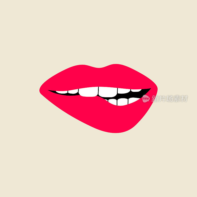 张开女性人嘴咬唇用牙齿在现代平，线风格，波普艺术。手绘矢量插画性感的嘴唇，激情，有趣，张开的嘴。时尚贴片，徽章，徽章。