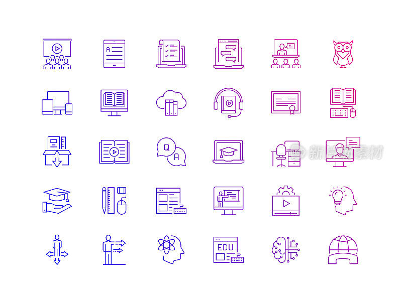 简单的集合E-Learning相关的矢量细线图标。大纲符号集合
