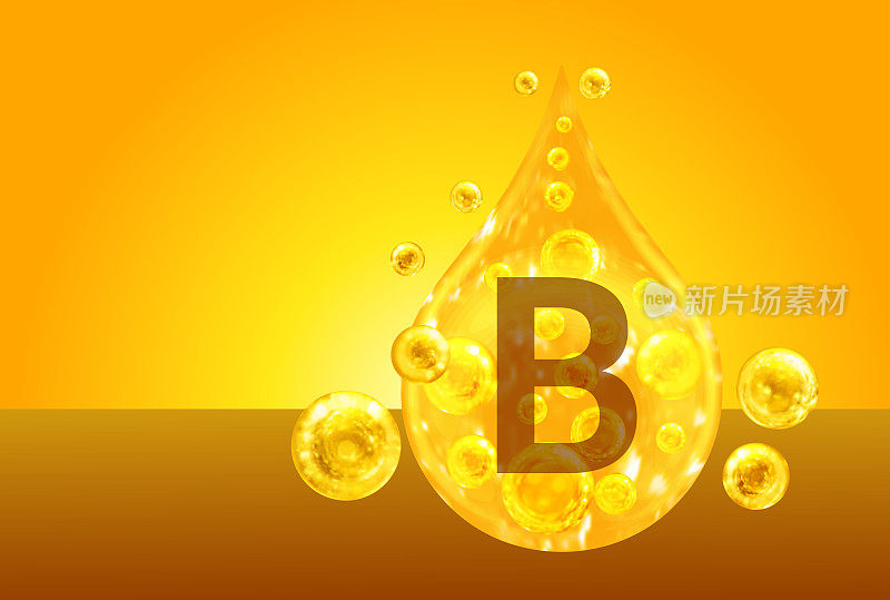 维生素b，含氧气泡的黄金滴。健康的概念