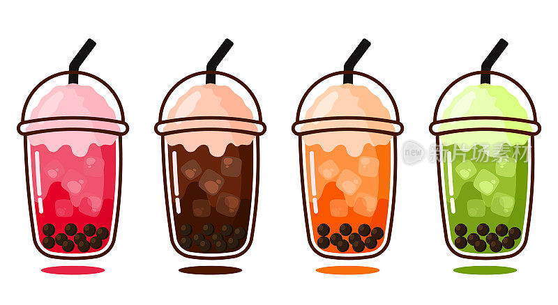 动画冰泡泡茶草莓，绿茶，巧克力，泰国茶风味集合与可爱的卡通矢量插图冰块
