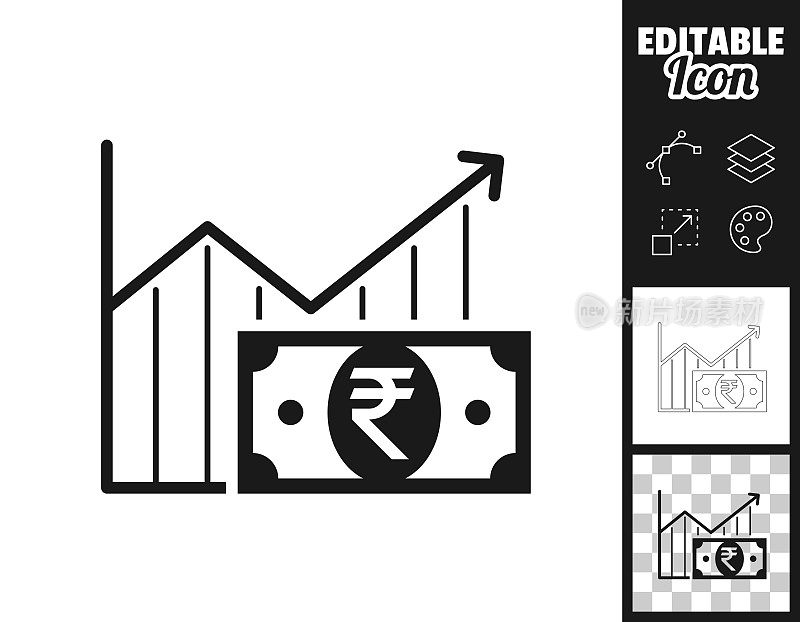 印度卢比纸币的增长图表。图标设计。轻松地编辑
