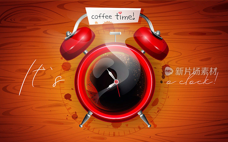 卡通风格的工作休息，商务休息，咖啡休息的概念。喝咖啡的时间到了!一杯咖啡，以闹钟的形式，在抽象的木制背景上贴上贴纸。