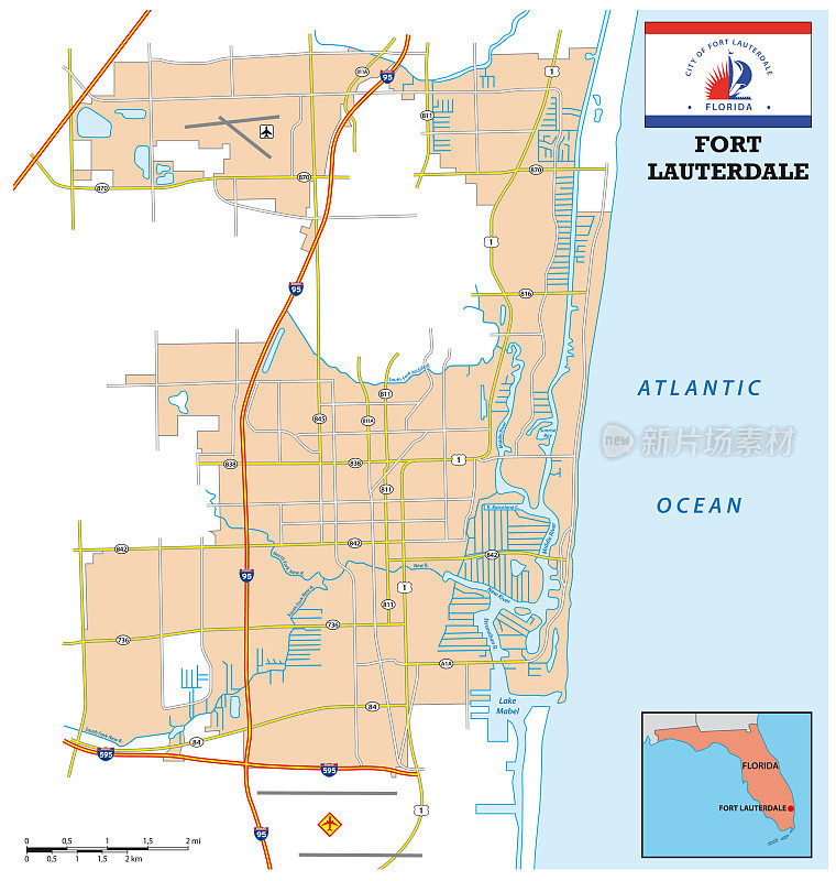 美国佛罗里达州劳德代尔堡市的简单街道地图