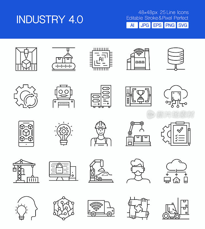 工业4.0细线矢量图标集。设计是可编辑的，颜色可以改变。创意图标的向量集:自动化、大数据、人工智能、机器学习、连接、电力、汽油