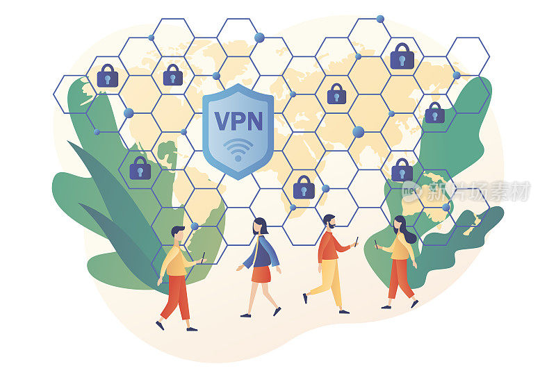 VPN服务理念。虚拟专用网络。网络安全，网络安全，数据保护，远程服务器。现代平面卡通风格。白色背景上的矢量插图