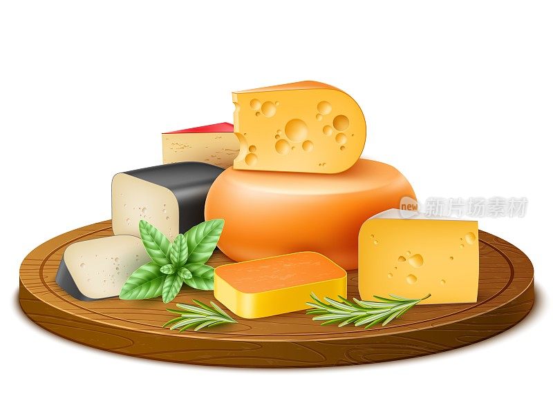 现实的奶酪片。在木砧板上隔离不同品种的奶制品，切达干酪和帕尔玛干酪，奶油餐，生态有机农场食品，乳制品营养完全矢量概念