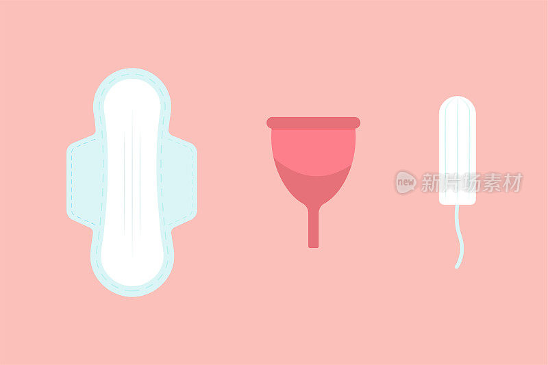 女性亲密的卫生。月经期。卫生巾，卫生棉条，杯子。