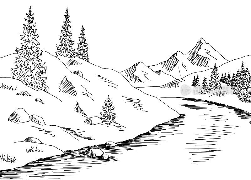 山河图形黑白景观素描插图矢量