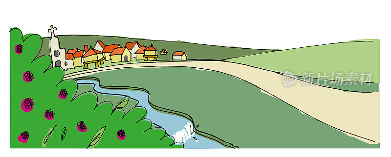 这条路通向一个小镇，村庄坐落在一条河的山谷上，远处有房子和教堂。基本彩色手绘水彩风格矢量插画。