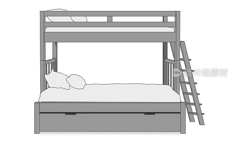 两层双层床，有梯子，枕头和床垫，矢量插图