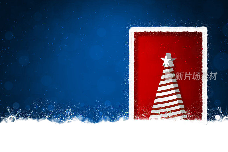 创意深午夜藏青色的圣诞背景，一个大边框白色抽象条纹3D圣诞树和红色背景上的星星，雪花和雪遍布地面，边界或框架像门或门