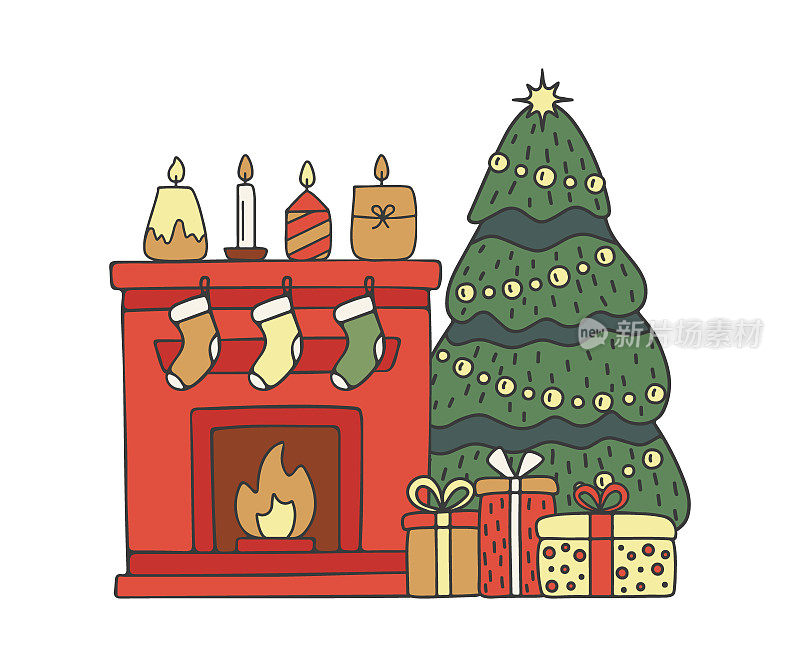 房子有壁炉和圣诞树，室内装饰为圣诞节假期。云杉带礼物和家火，贺卡过寒假。矢量图