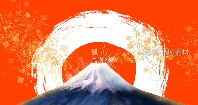 宽尺寸插图新年第一次日出与一笔，吉祥的富士山和华丽的金叶和沙点在红色背景
