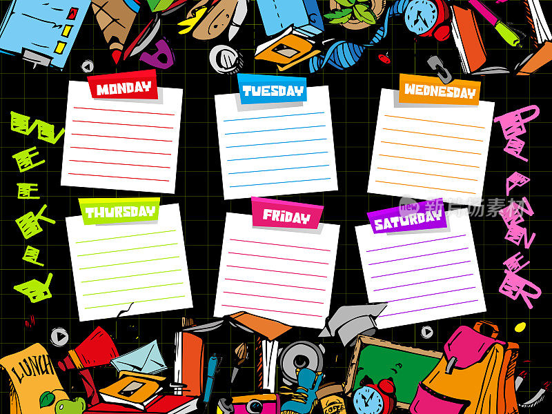 学校风格的周报、日记、计划理念。将本周的待办事项写在笔记本上，并在抽象颜色的背景上手绘。