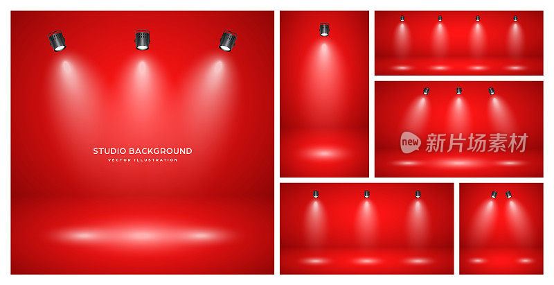 空红色工作室抽象背景与聚光灯。产品展示背景与聚光灯效果。舞台灯光。矢量图