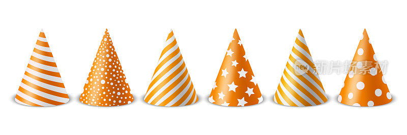 矢量3d逼真的橙色和白色生日派对帽子图标集隔离在白色背景。党帽设计模板党旗帜，贺卡。节日帽子，锥形，前视图