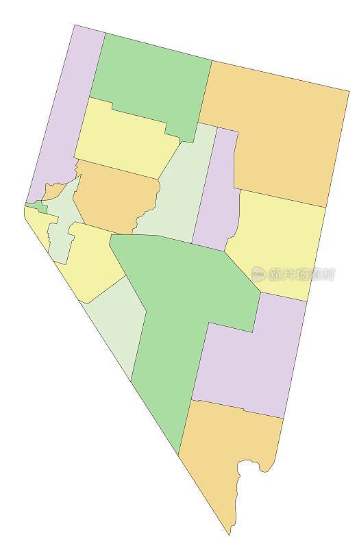 内华达州-高度详细的可编辑的政治地图。