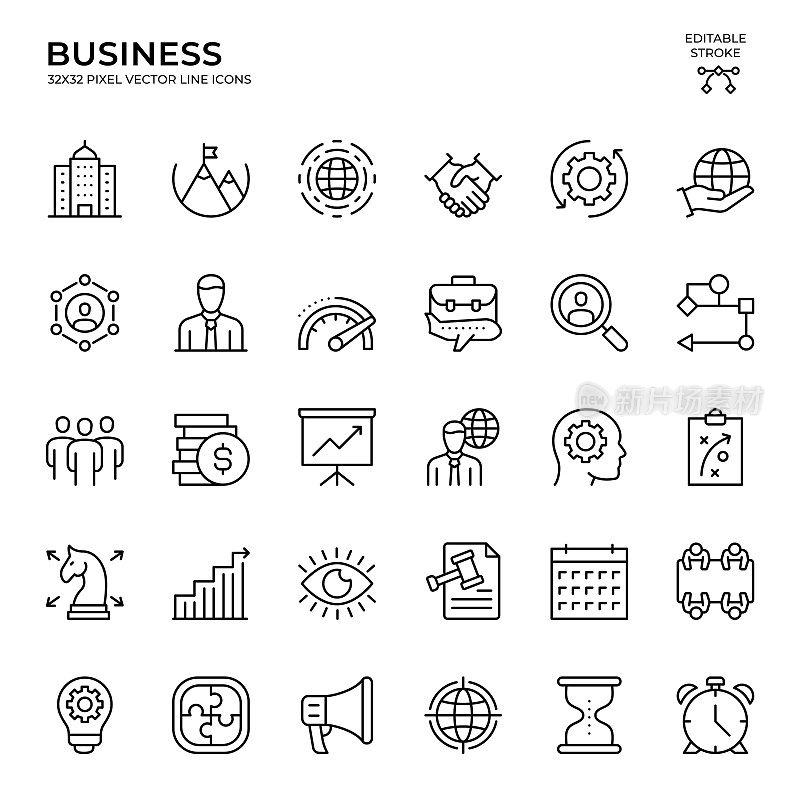 可编辑的笔画矢量图标集的业务