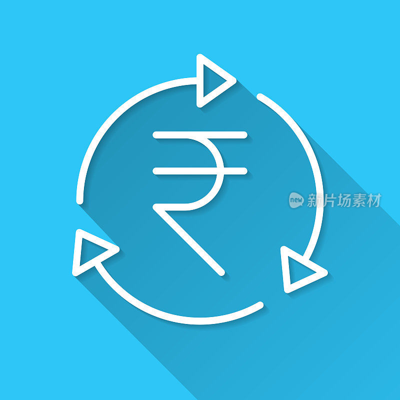 印度卢比重新装填。图标在蓝色背景-平面设计与长阴影