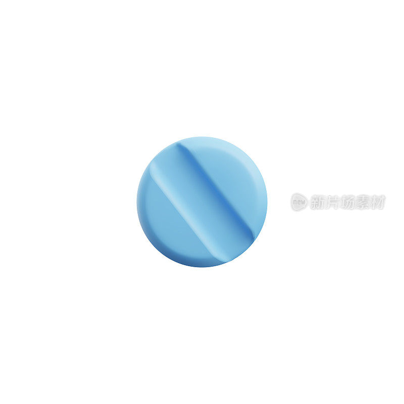 圆形蓝色药丸或片剂模型，现实矢量插图隔离在白色上。