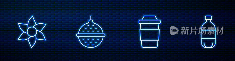 设置线杯茶，花，球过滤器和瓶装水。砖墙上发光的霓虹灯图标。向量